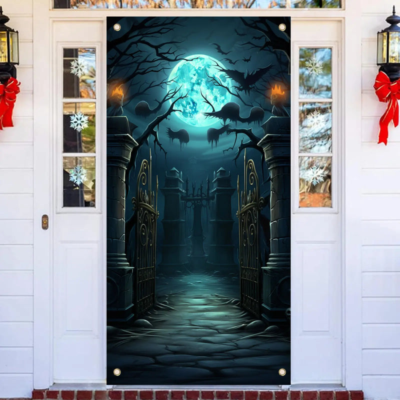 70×35 inch Halloween Door Banner Happy Halloween  Horror Graveyard Full Moon Photography Photo Background Banner