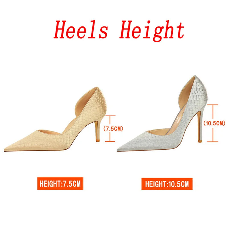 Women 7.5cm 10.5cm High Heels Elegant Pumps Lady Plus Size Silk Satin Green Silver Wedding Stiletto Low Heels Fetish Party Shoes