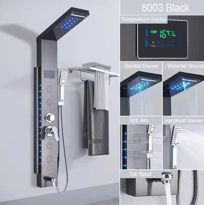 Rain Waterfall LED Shower Panel Black Shower Column Tower Digital Screen TEMP Mixer Tap Spray Bidet Shower Mixer Faucet