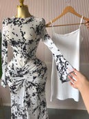 CM.YAYA 2025 Fall Women Long Sleeve Stacked Mesh See Though with Lining Bodycon Long Dress Evening Birthday Sexy Party Dresses