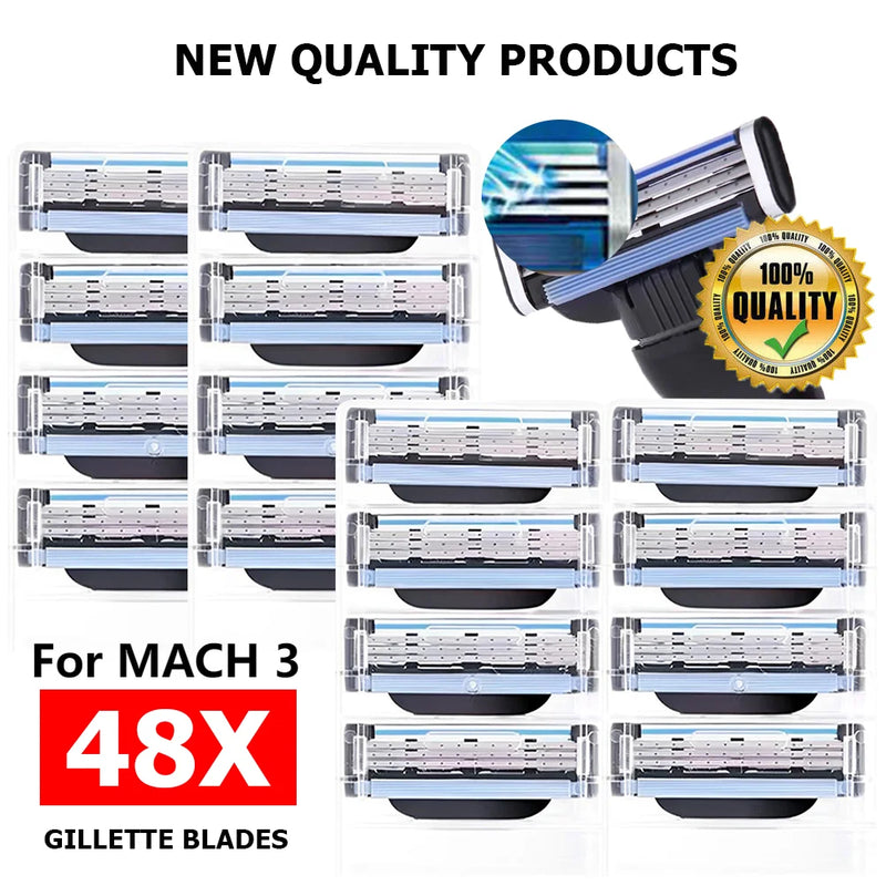 8-48pcs Stainless Steel Shaver Cutting Head 3 Layer Safety Razor for Gillette Mach 3 Replacement Refills Manual Razor Blades Gif