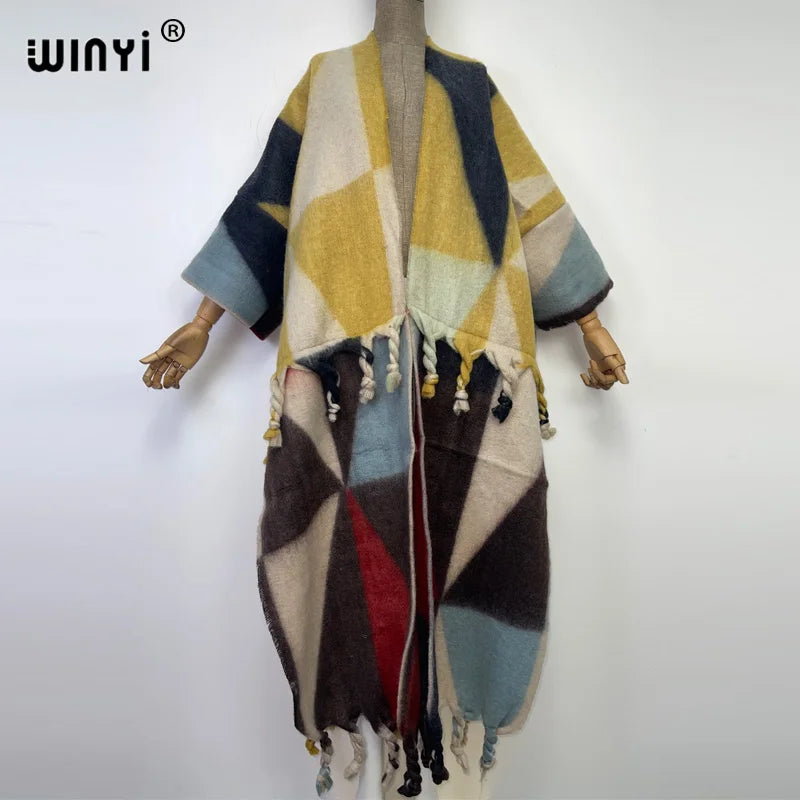 2022 WINYI Winter Women tassel Cardigan coat Loose Christmas dress robe longue Thick Warm free size Middle East Female Kaftan