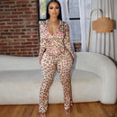 VEITCHE Women's Summer Outfit Casual Leopard Print Long Pant Suit Slim Hoodie Zipper Top High Waist Trousers Set Street Style