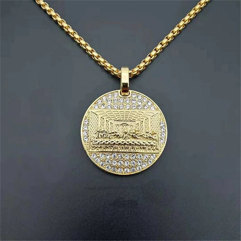 Stainless Steel Last Supper Pendant Gold Color Iced Out Bling Zircon Round Necklace For Men Father's Day Gift Hip Hop Jewelry