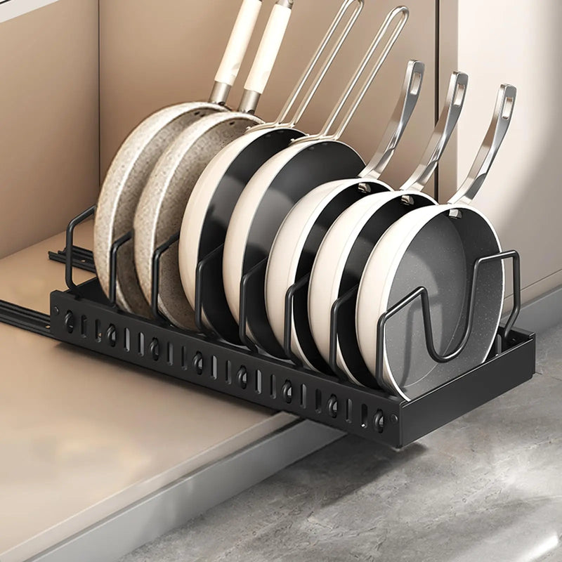 Pots and Pans Organizer Under Cabinet,Sliding Pot Lid Holder and Pan Rack Kitchen,Pull out Pot and Pan Organizer,Dishes Storage