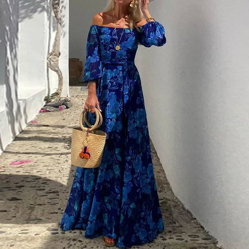 Three Quarter Lantern Sleeve Elegant Party Dress, Women Spring Summer Slash Neck Maxi Dress, New Printing Patchwork Ladies Dress