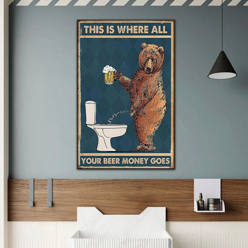 Retro Funny Wall Art Poster Prints Bear Drinking Beer in The Toilet Canvas Painting Picture For Room Home Decoration