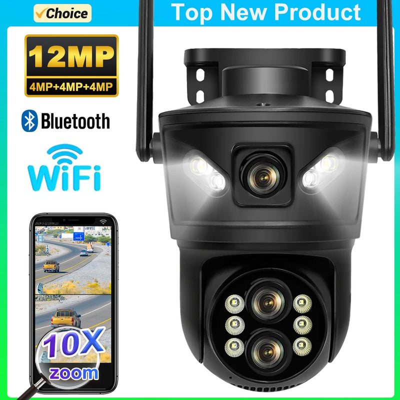 12MP 6K WiFi Camera Three Lens Dual Screen Security Video Cam 10X Zoom PTZ Auto Track CCTV 4K 8MP Surveillance IP Camera Outdoor