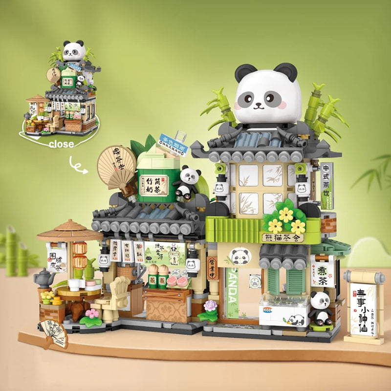 New Cute Little Bear Cafe Flower Shop Panda Tea House Mini Folding Building Block DIY Assembly Puzzle Toys For Kids Adults Gifts