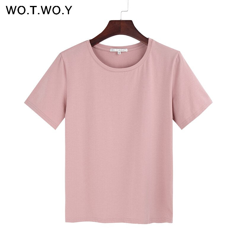 WOTWOY 2023 Summer Cotton T Shirt Women Loose Style Solid Tee Shirt Female Short Sleeve Top Tees O-Neck T-shirt Women 12 Colors