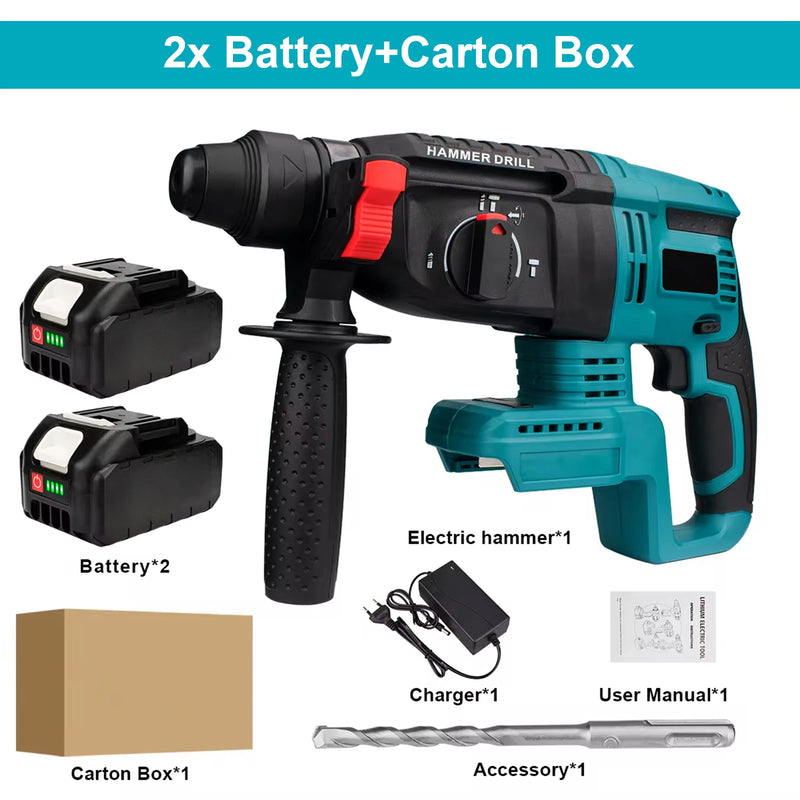 26MM Brushless Electric Hammer Drill Multifunctional Cordless Rotary Hammer Impact Drill Power Tool For Makita 18V Battery