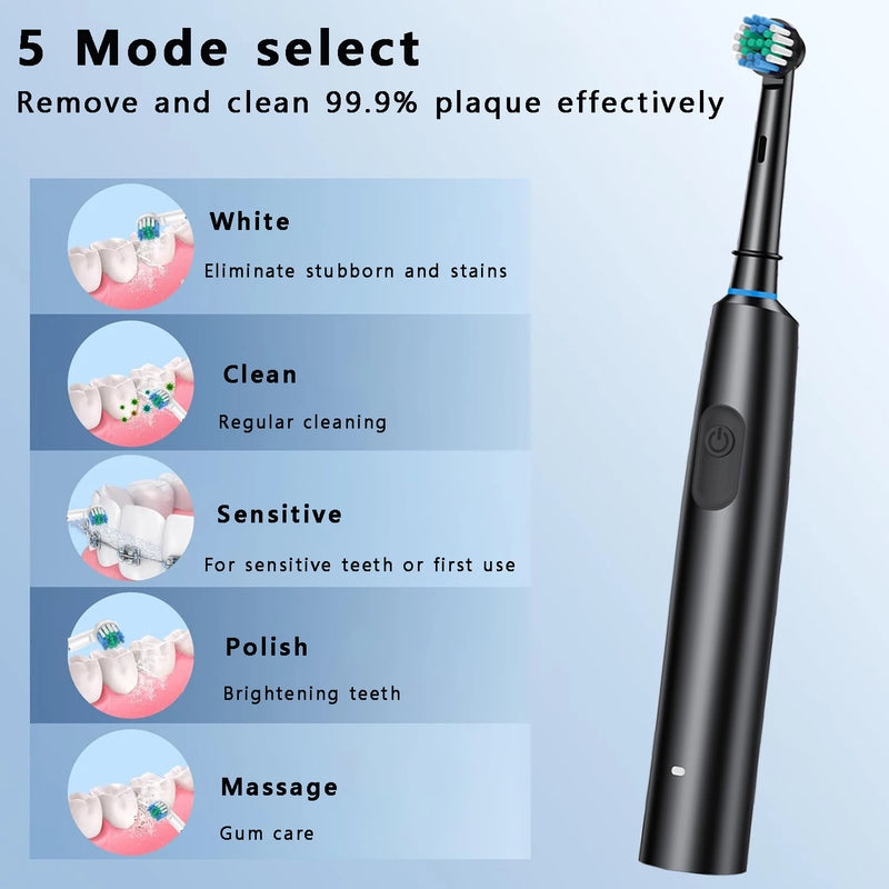 Smart Rotating Electric Toothbrush Rechargeable Toothbrush with 8 Replacement Brush Heads Rotary Electric Toothbrush Adult