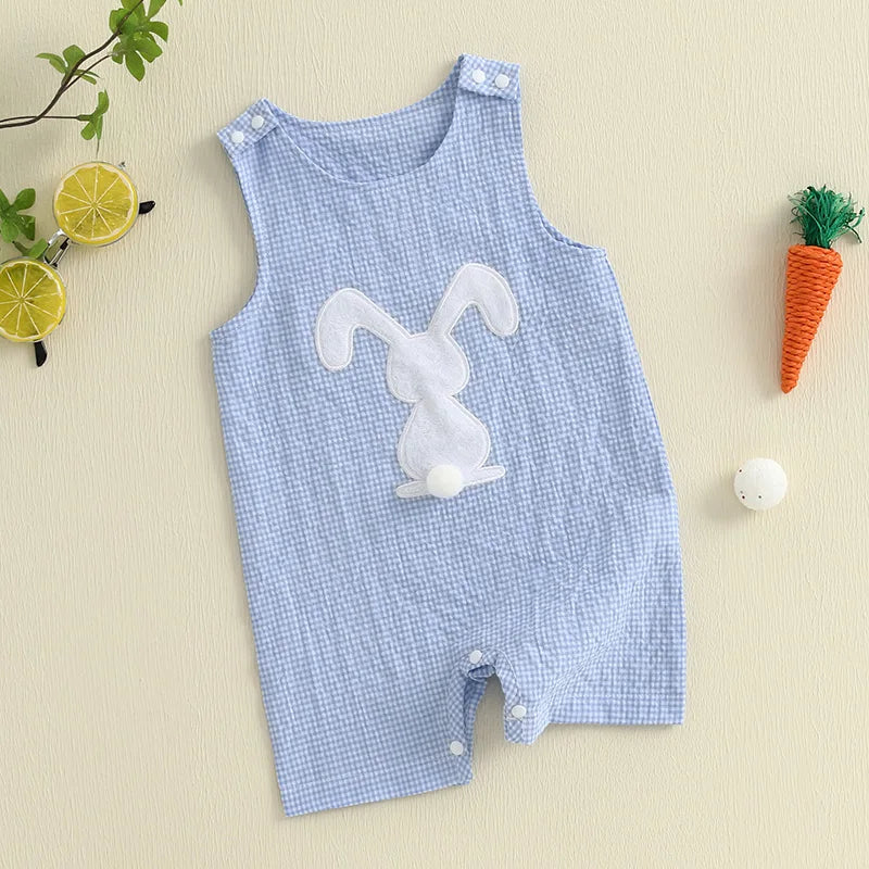 Infant Unisex Easter Romper Sleeveless Round Neck Bunny Embroidery Carrot Embroidery  Outfit for Baby Boy Girl