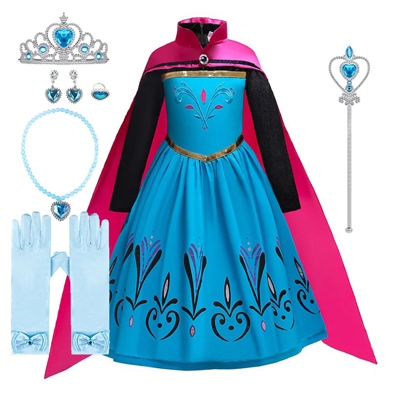 Girls Elsa Coronation Dress Up Long Sleeve Snow Queen Halloween Party Princess Costume Kids Christmas Elza Fancy Clothes Cloak