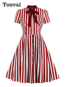 Tonval Fliege Hals Grün Gestreiftes Vintage Kleid Durchgeknöpft Elegante Kleider für Damen Baumwolle Retro Kleidung Taschen Sommerkleid