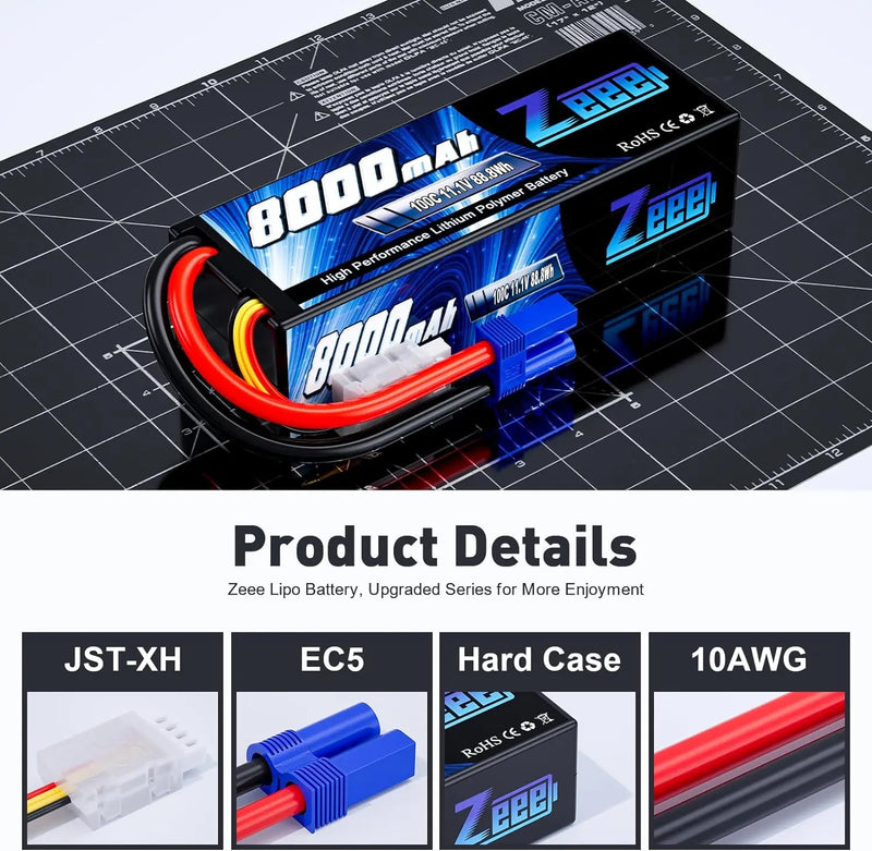 Zeee Lipo 3S 8000mAh Battery 11.1V 100C Hardcase with EC5 Plug for RC Cars Buggy Truggy FPV Drone Racing Hobbies Model Parts