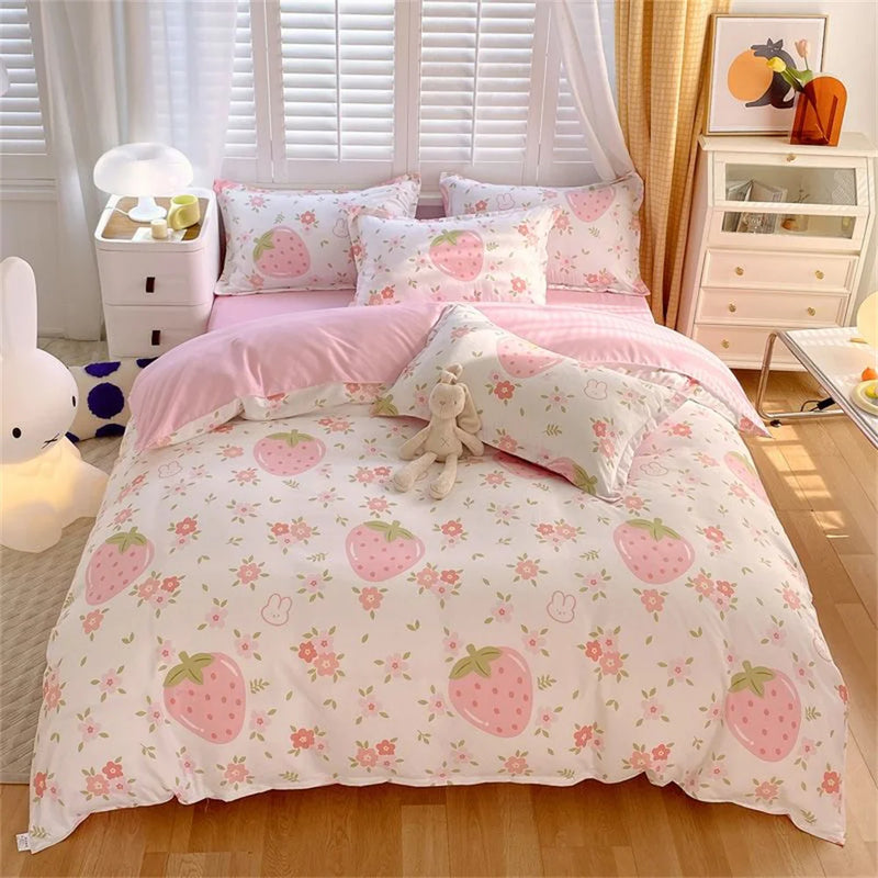 Cute Pink Strawberry Duvet Cover Flat Sheet Pillowcase Floral Bedding Set Girls Bed Linen Soft Thick Washed Cotton Bedclothes