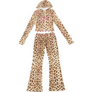 VEITCHE Women's Summer Outfit Casual Leopard Print Long Pant Suit Slim Hoodie Zipper Top High Waist Trousers Set Street Style