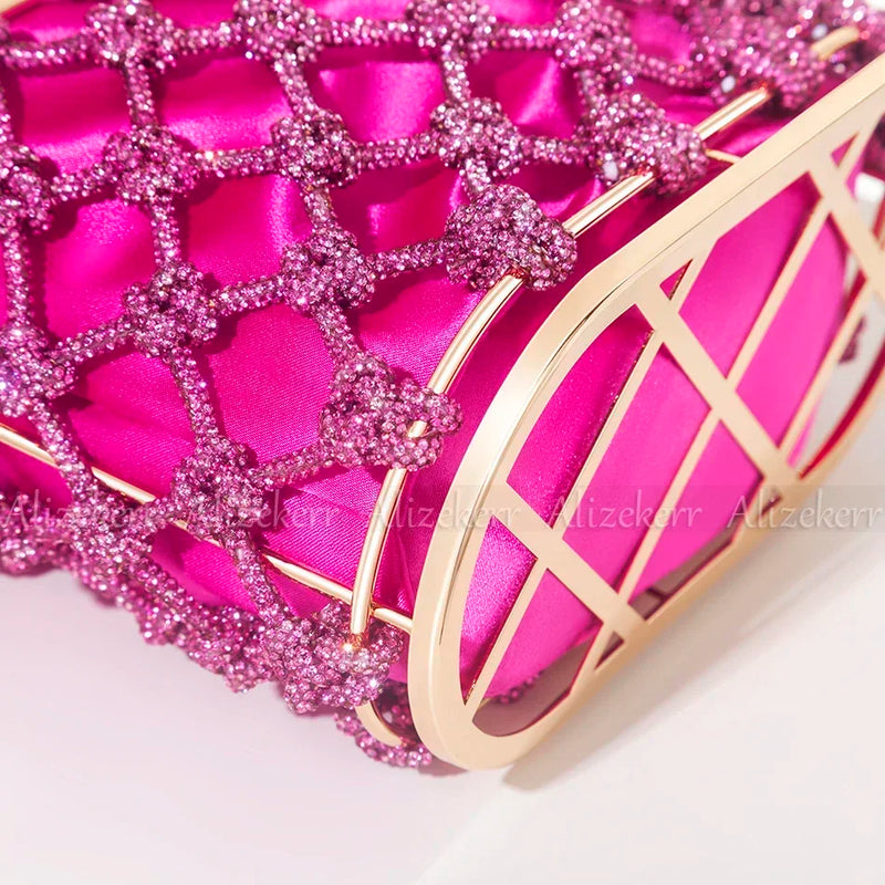 Knotted Rhinestone Rope Clutch Purses Women Boutique Handmade Woven Shiny Crystal Hollow Out Metal Cage Handbags Wedding Party