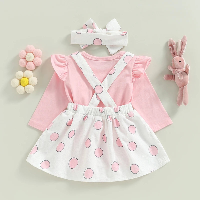 Easter Infant Baby Girls Jumpsuits Set Ruffle Long Sleeves Romper and Casual Cartoon Bunny Suspender Skirt Headband 3pcs Outfit
