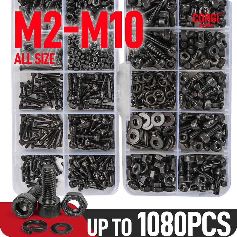 1080 Black 12.9 Hex Socket Head Cap Screws Assortment Kit M2 M2.5 M3 M4 M5 M6 M8 M10 Carbon Steel DIN912 Screw Nuts Tool Box