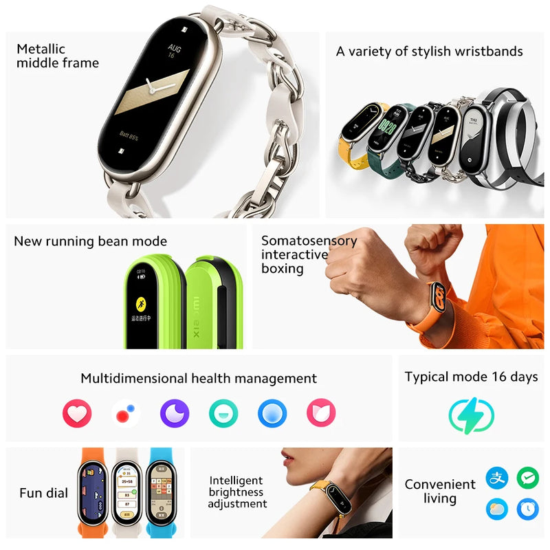 Xiaomi Mi Band 8 Bracelet Blood Oxygen 1.62" AMOLED Display Fitness Tracker 16 Days Battery Fashion Smart Watch Wristband MIBand