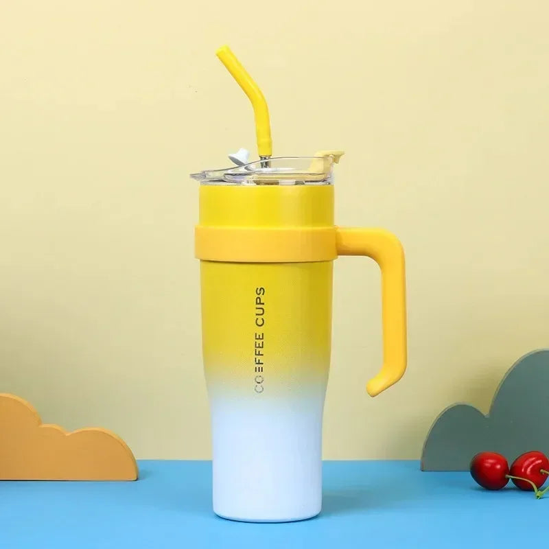 Car-Mounted Dormitory EssentialSam Straw Water Cup Stainless Steel Thermos Cup Large Capacity New Flat Cup Cup with Lid