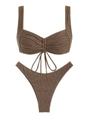 ZAFUL Women's Lace Overlay Halter Tied Cheeky High Leg Brazilian Two Piece Swimwear Bikini Set