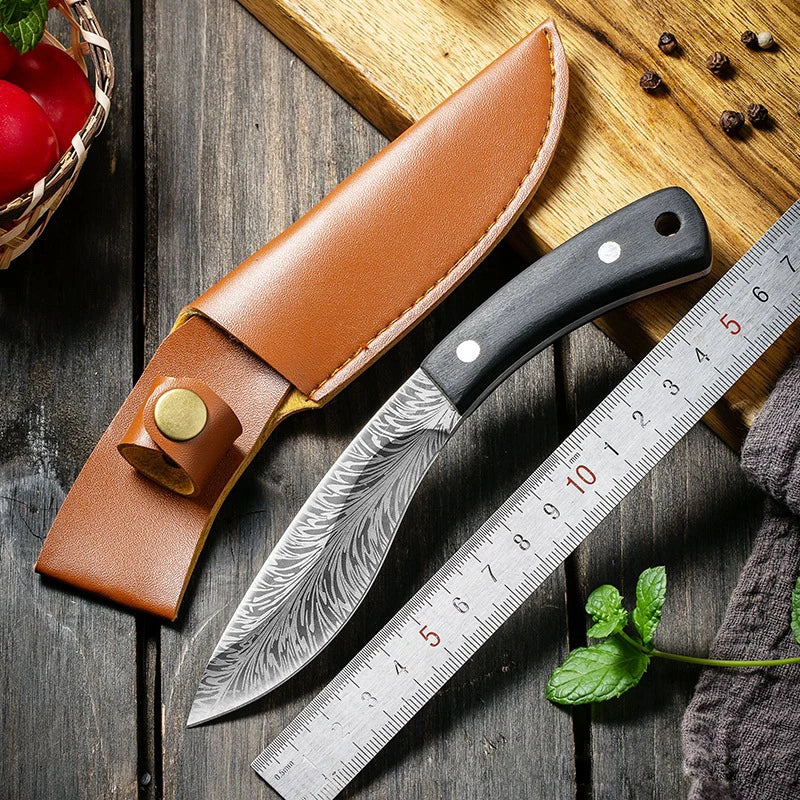 4inch Stainless Steel Boning Knife Handmade Forged Slicing Meat Cleaver Knives Small Pocket Knife with Sheath Wooden Handle