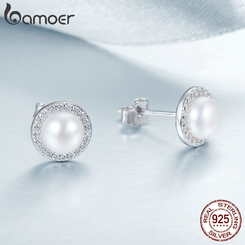 Bamoer 925 Sterling Silver Classic Round Fresh Water Pearl Stud Earrings Pave Setting CZ for Women Engagement Jewerly SCE122