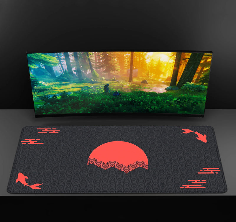 Japanese Desk Mat Black & Red Mouse Pad Koi Fish Sun Cloud Japan Art Seal Sunrise Large XXL Gaming Deskmat Rubber Mousepad 90x40