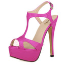 2026 New Women Sandals 14cm Sexy T-Strap Peep Toe Platform Summer Red Wedding Shoes Patent Leather Thin High Heels Big Size 44