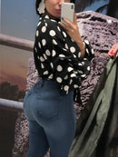 Damen-Blusen mit Polka Dots, schwarze Schärpen, lange Puffärmel, weiß, rot, Übergröße XXXL, Damenmode, Freizeit, Frühling, Sommer, Blusen