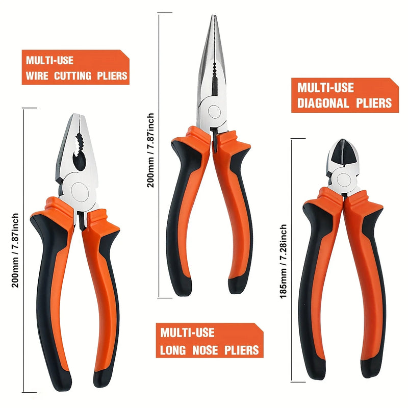 3 Piece Pliers Set - Professional Grade Pliers includes 8”Long Nose Plier,8”Diagonal Cutting Plier,8”Combination Plier Steel