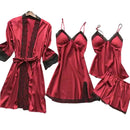 4 Piece Set Women's Pink Satin And Lace Trimmed Pajama Set Home Sleepwear V-Neck Tank Top Pajamas Sleepwear Set Lace Nightgown