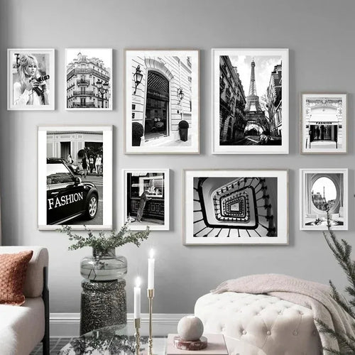 Moderne Pop-Wandkunst Paris Fashion Tower Vintage Mädchen Schwarz-Weiß HD-Leinwanddruck Poster Wohnzimmer Schlafzimmer Dekoration