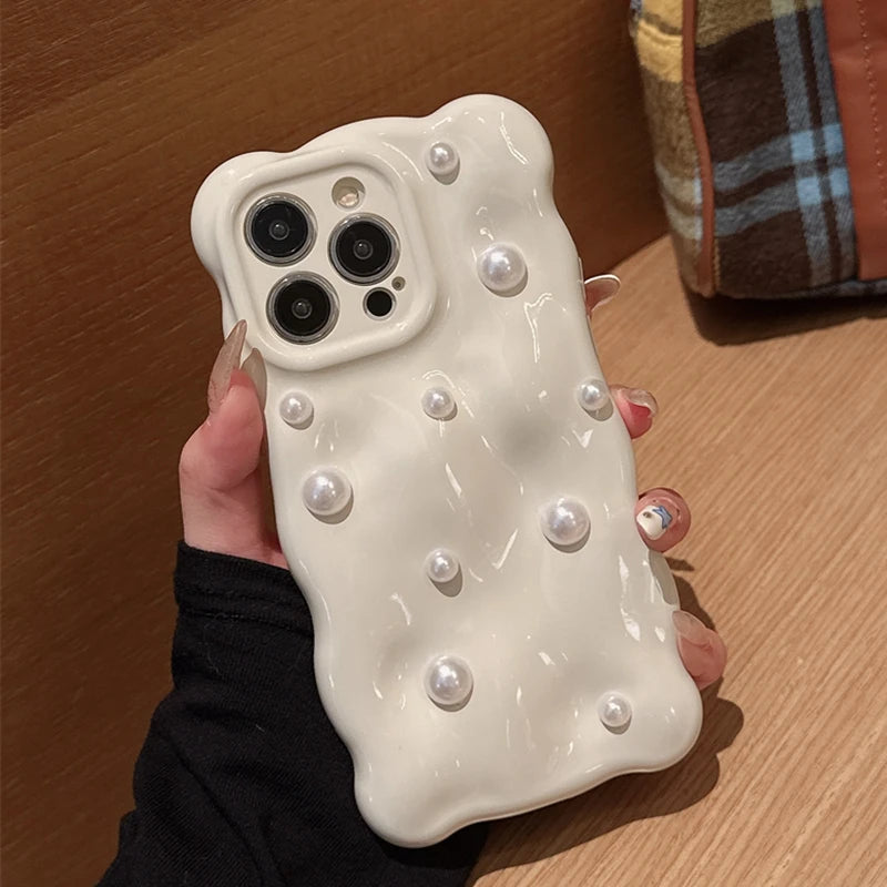 Luxury 3D Pearl Wavy Phone Case for iPhone 15 14 Pro Max 15Pro Shockproof Soft Silicone Ins Cover for iPhone 11 12 13 Pro Max