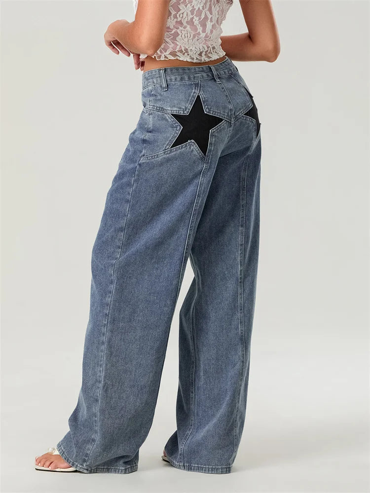 Women Fashion Jeans Star Pattern Loose Denim Pants Spring Fall Casual Low Waist Trousers Wide Leg Pants