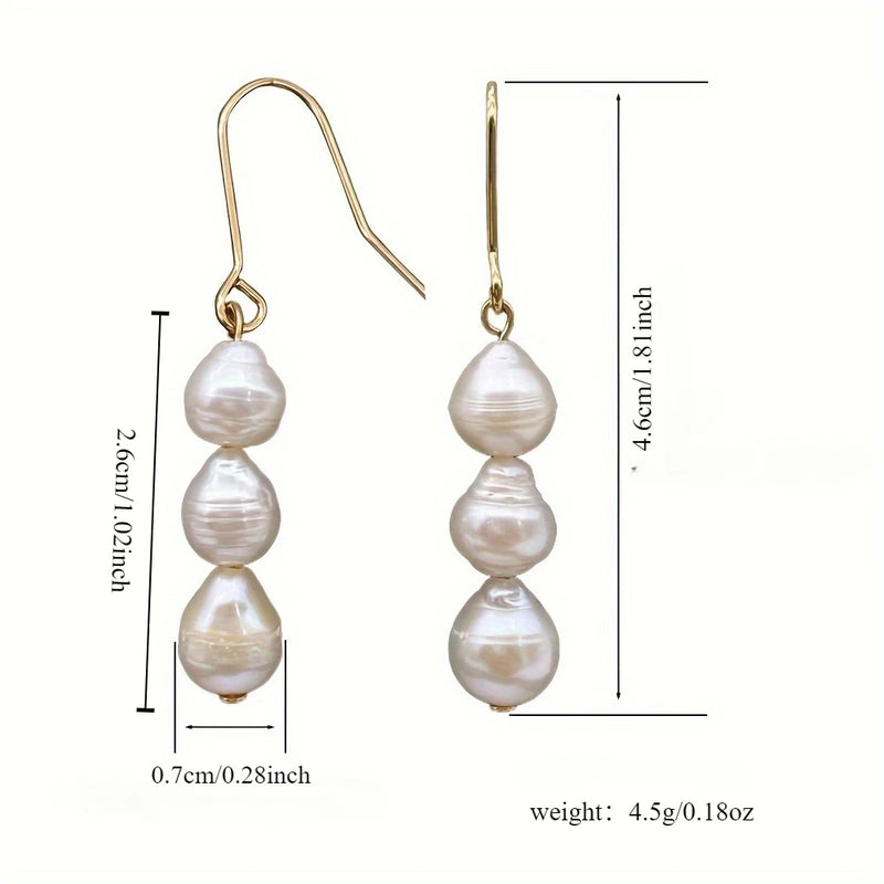 New Fashionable Baroque Freshwater Pearl Earrings. Simple, Elegant And Versatile Long Three-bead Earrings.