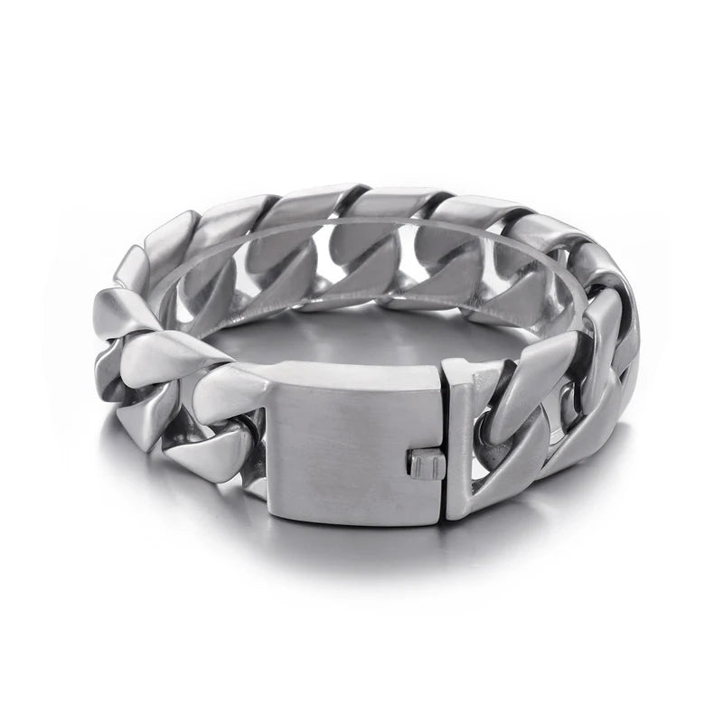 Fongten Cuban Chain Bracelet For Men Shiny Matte Stainless Steel Heavy Male Bracelets Bangle Silver Color Curb Jewelry