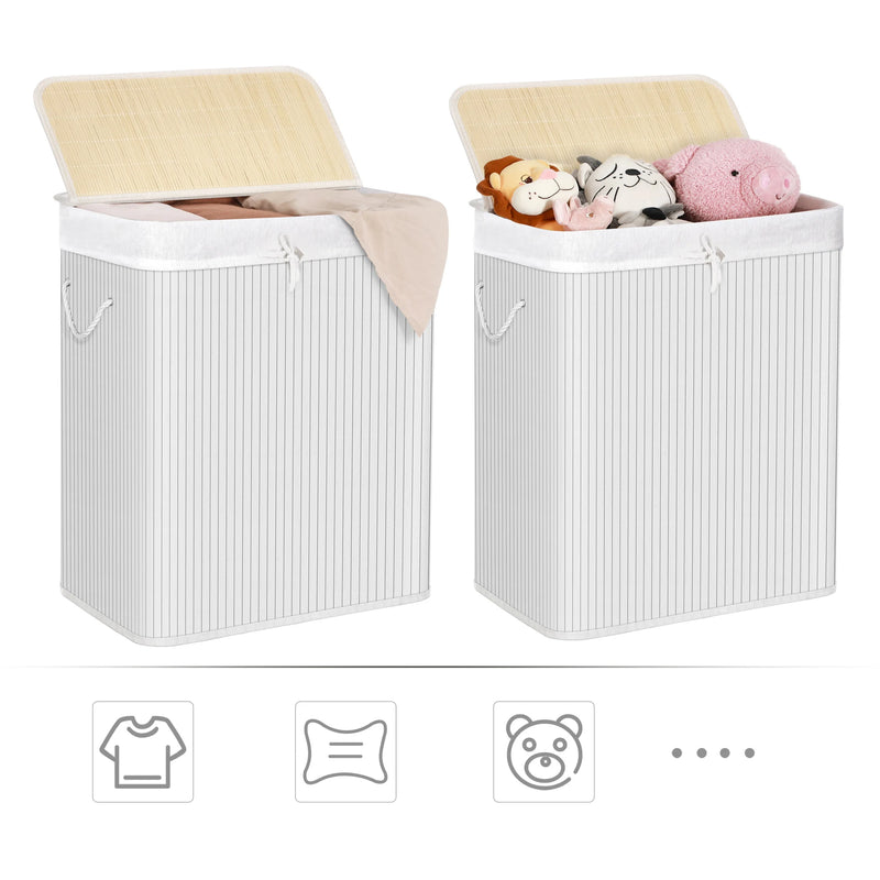 SONGMICS - Laundry Basket with Lid - Bamboo Laundry Basket with 2 Sorting Compartments, Removable Bag, Cotton Handles
