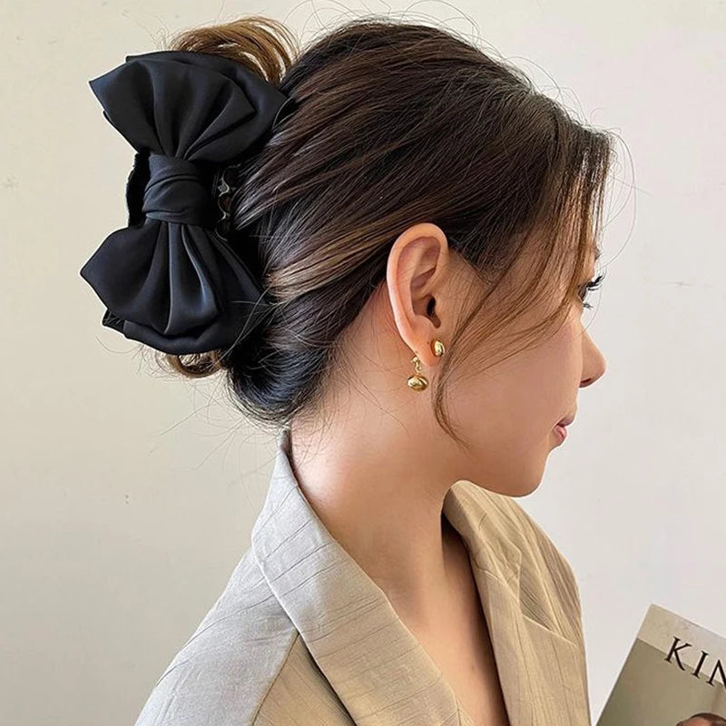 Black Double-sided Bow Clip Women Large Satin Shark Hair Claw Solid Bowknot Hairpin Barrettes Headbands Fashion Hair Accessories