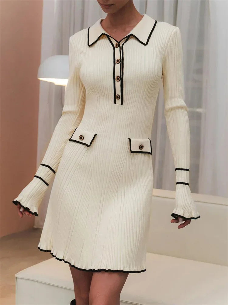 DAENERYS RES Spring Summer Fashion Women Dresses Elegant Ruffled Ribbed Long Sleeve High Street Lapel Knitting Vestidos 2024