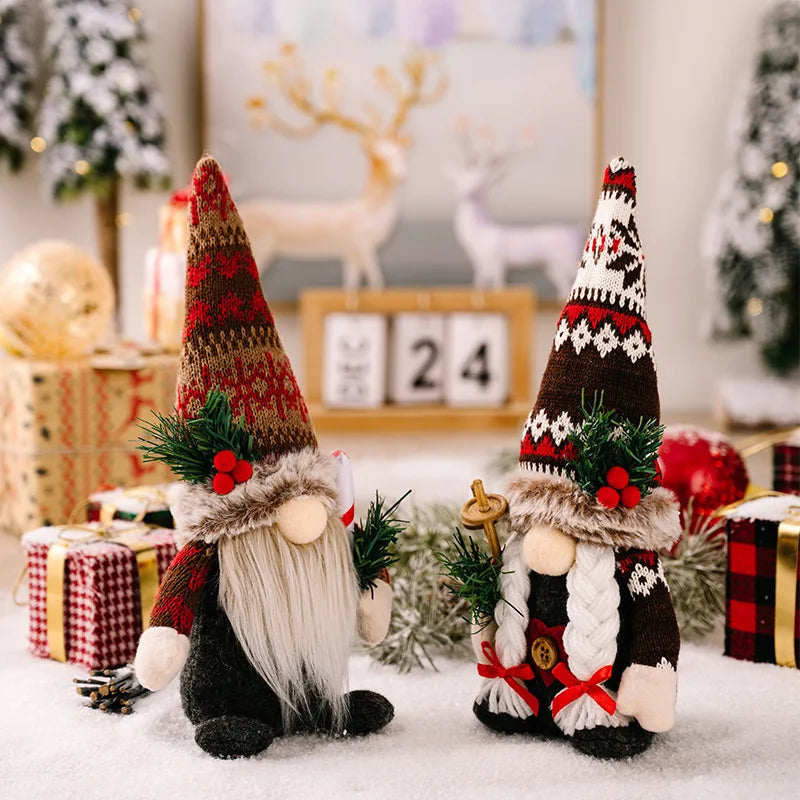 Christmas Creative Plush Gnome Knitted Hat Holds Pine Branch Rudolph Doll Male Female Style New Xmas Faceless Oldman Decorations