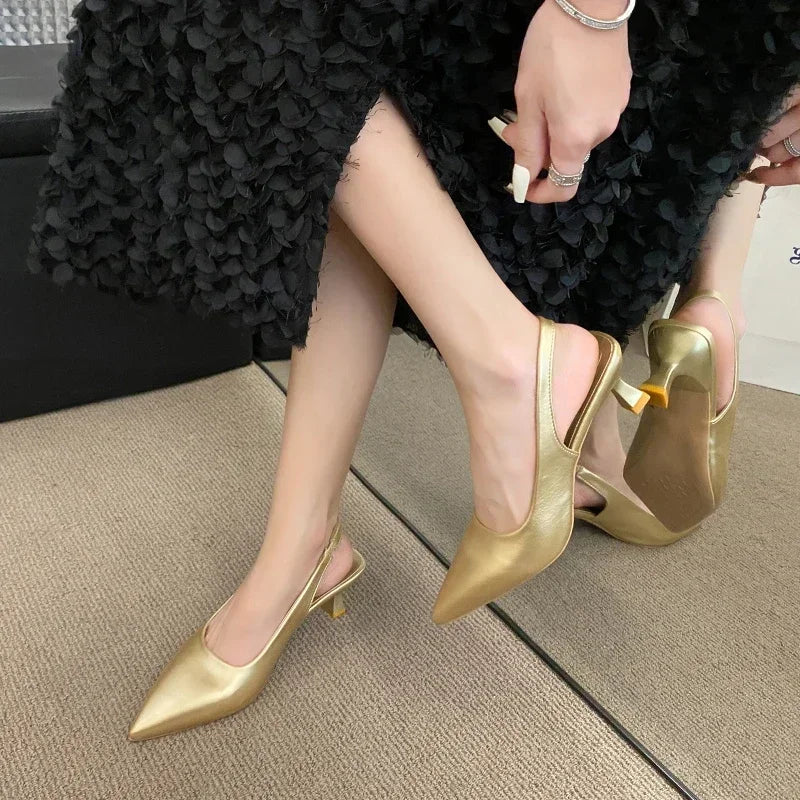 Fashion Female Shoes 2024 New Women's Pumps Solid Color Simple Mid Heel Shoes Sexy Pointed Toe Slingback Elegant Dress Shoes