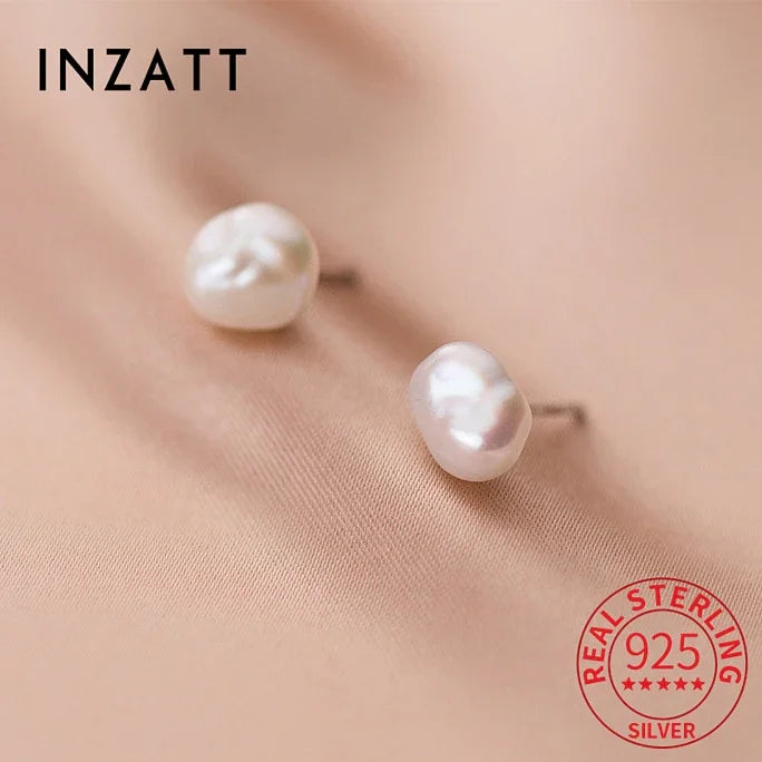 INZATT Real 925 Sterling Silver Irregular Baroque Pearl Stud Earrings For Women Classic Fine Jewelry Minimalist Accessories