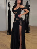 Elegant Lace Patchwork Slit Strapless Dress Sexy Off-shoulder High Waist Long Skirt New Trendy Party Y2k Robe Gothic Style Gown