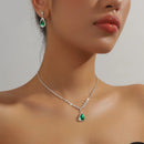 New Luxury Brand Fashion Green Water Drop Crystal Necklace Earring Set for Women Exquisite Wedding Bride Zircon Jewelry Set Gift