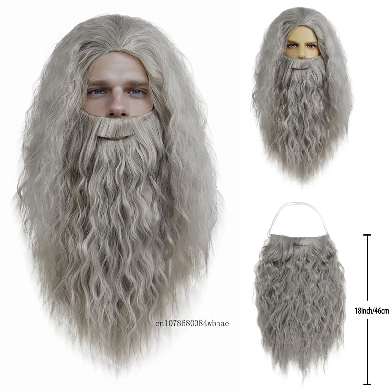 Dumbledore Wigs Synthetic Hair Long Curly Wavy Wizard Grey Wig and Beard for Men Cosplay Accessory Party Halloween Dress Costume