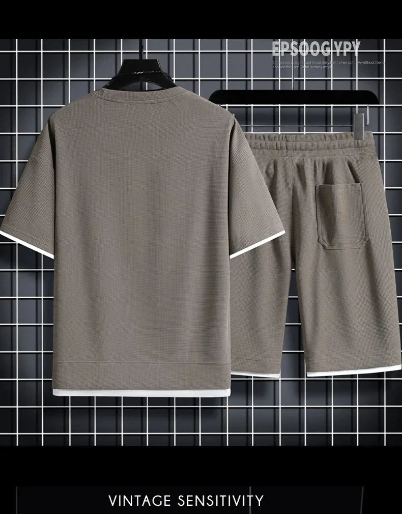 Summer Men's Two Piece Set Linen Fabric Casual T-Shirt And Shorts Set Mens Sports Suit Fashion Short Sleeve Tracksuit Men Suits